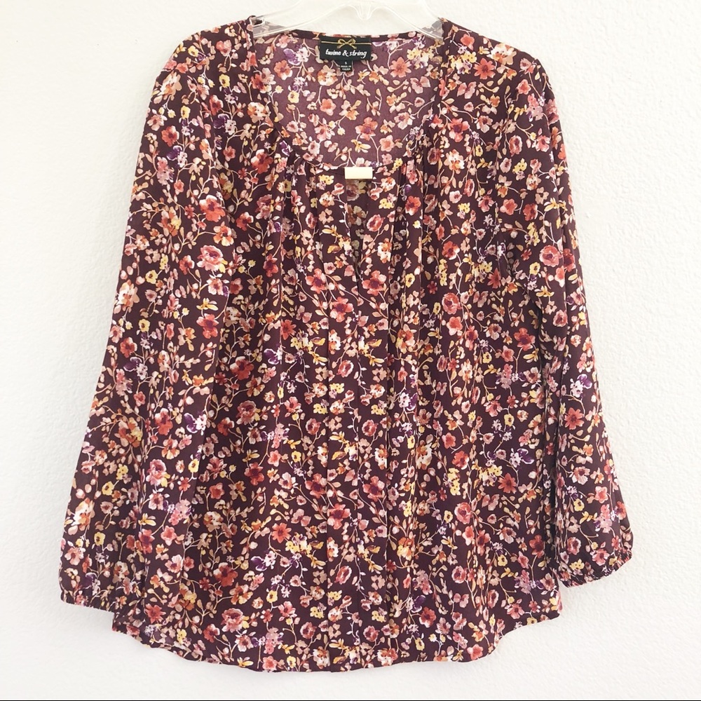 Moody Floral Burgundy Blouse 3/4 Sleeve Top Small